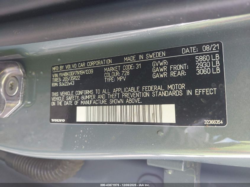 2022 Volvo Xc60 Recharge Plug-In Hybrid T8 Polestar Engineered VIN: YV4BK0DP7N1941339 Lot: 43871976