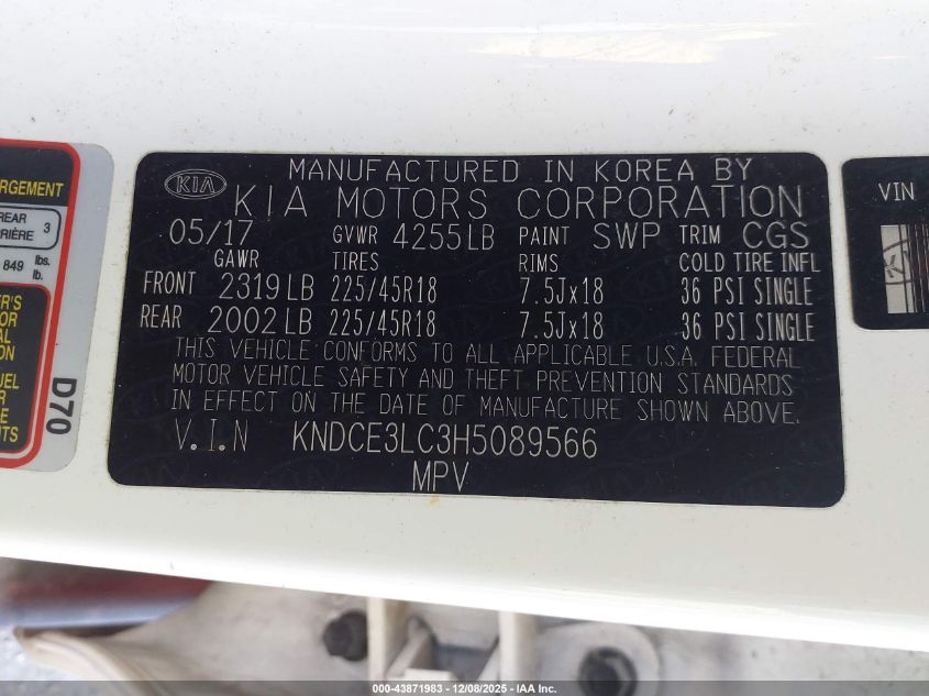 2017 Kia Niro Touring VIN: KNDCE3LC3H5089566 Lot: 43871983