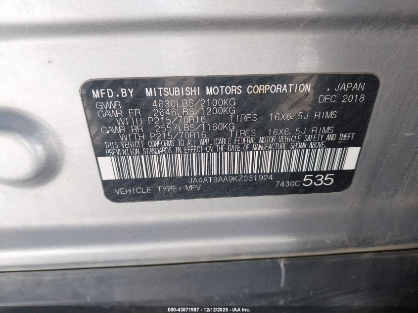 2019 Mitsubishi Eclipse Cross Es VIN: JA4AT3AA9KZ031924 Lot: 43871987