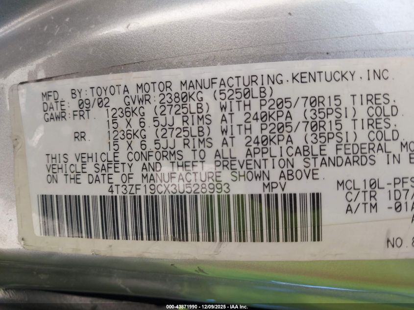 2003 Toyota Sienna Ce VIN: 4T3ZF19CX3U528993 Lot: 43871990