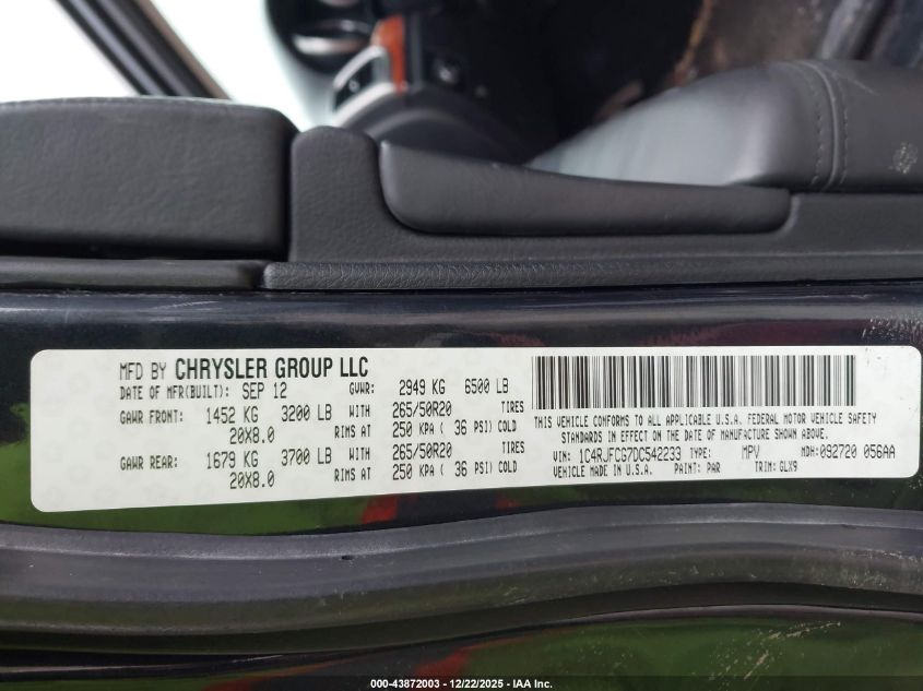 2013 Jeep Grand Cherokee Overland VIN: 1C4RJFCG7DC542233 Lot: 43872003