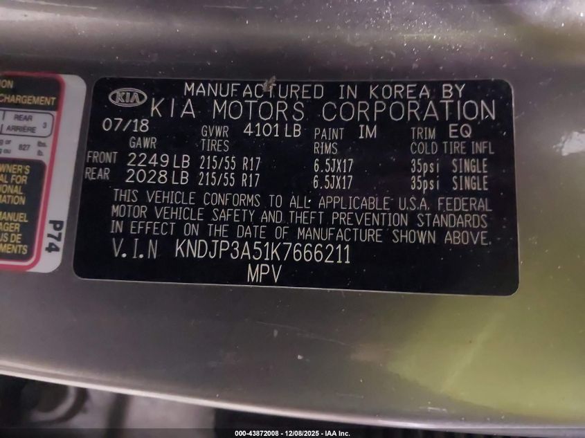 2019 Kia Soul + VIN: KNDJP3A51K7666211 Lot: 43872008