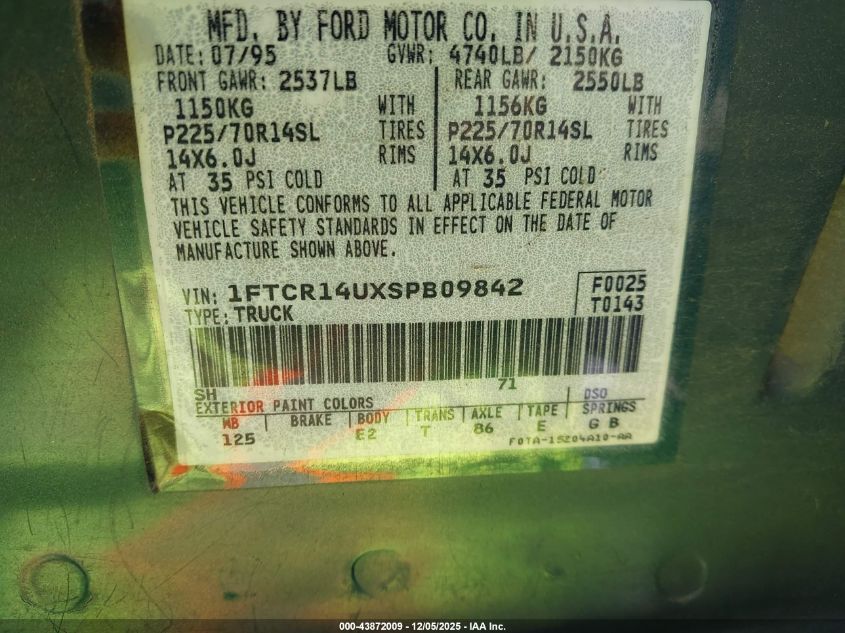 1FTCR14UXSPB09842 1995 FORD RANGER photo no. 9