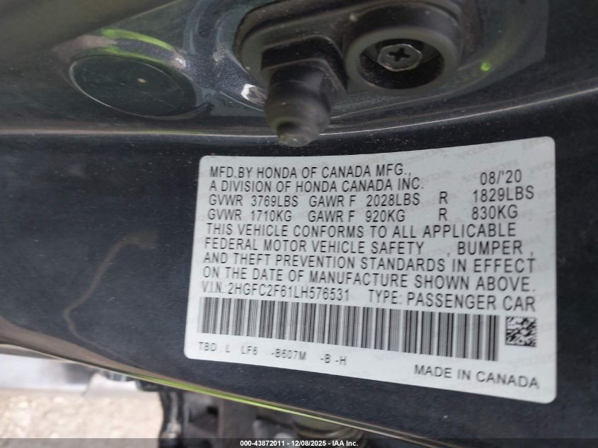 2020 Honda Civic Lx VIN: 2HGFC2F61LH576531 Lot: 43872011