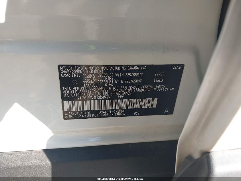 2020 Toyota Rav4 Xle VIN: 2T3W1RFV1LC058487 Lot: 43872014