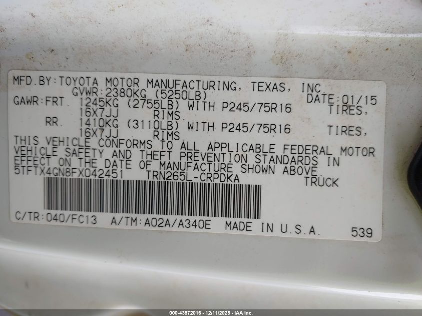 2015 Toyota Tacoma Prerunner VIN: 5TFTX4GN8FX042451 Lot: 43872016