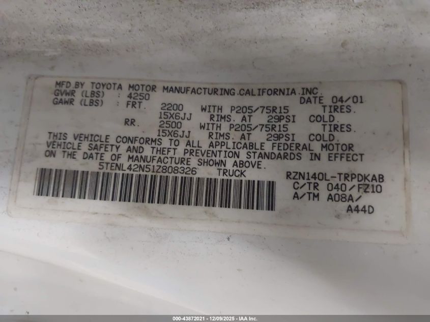2001 Toyota Tacoma VIN: 5TENL42N51Z808326 Lot: 43872021