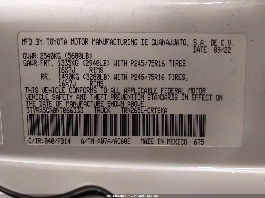 2022 Toyota Tacoma Sr VIN: 3TYRX5GN0NT066333 Lot: 43872023