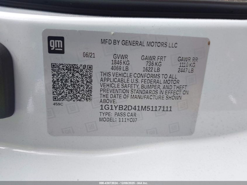 2021 Chevrolet Corvette Stingray Rwd 2Lt VIN: 1G1YB2D41M5117111 Lot: 43872024