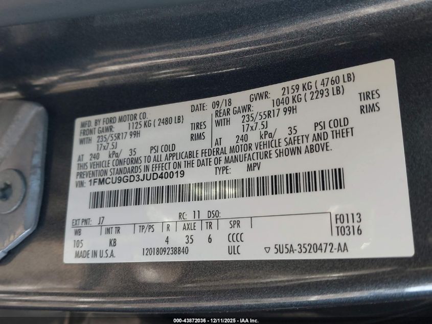 2018 Ford Escape Se VIN: 1FMCU9GD3JUD40019 Lot: 43872036