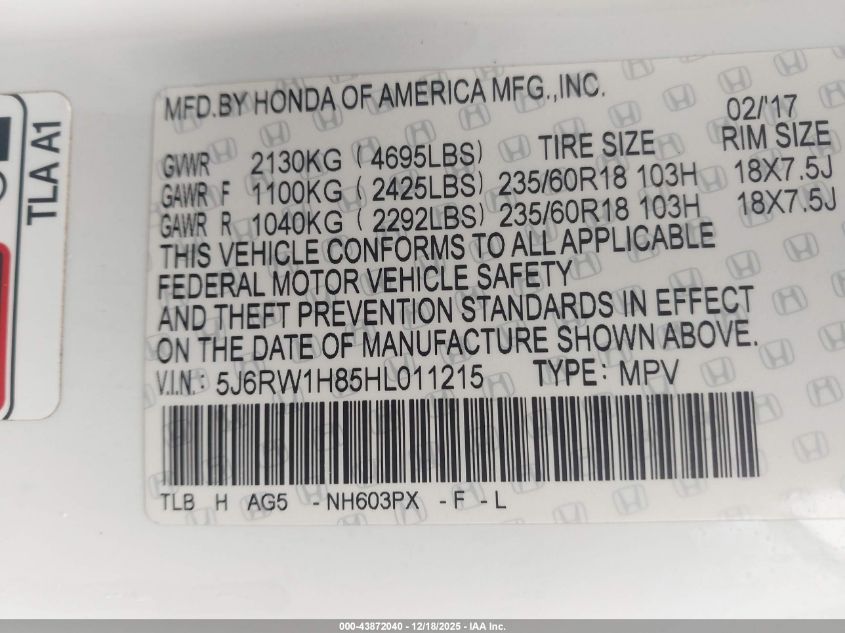 2017 Honda Cr-V Ex-L/Ex-L Navi VIN: 5J6RW1H85HL011215 Lot: 43872040