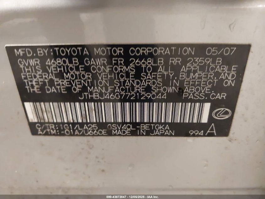 2007 Lexus Es 350 VIN: JTHBJ46G772129044 Lot: 43872047