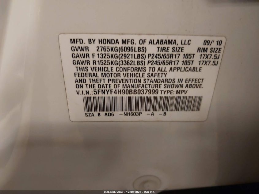 2011 Honda Pilot Touring VIN: 5FNYF4H90BB037999 Lot: 43872049