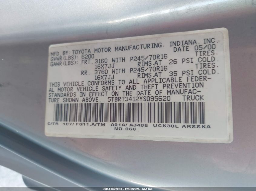 2000 Toyota Tundra Sr5 V8 VIN: 5TBRT3412YS095620 Lot: 43872053