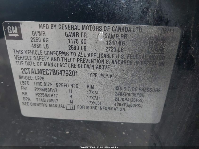 2011 GMC Terrain Sle-1 VIN: 2CTALMEC7B6479201 Lot: 43872068