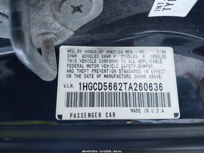 1996 Honda Accord Ex VIN: 1HGCD5662TA260636 Lot: 43872076