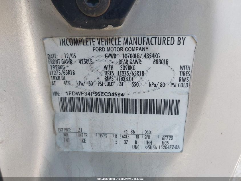 2006 Ford F-350 Chassis Xl/Xlt VIN: 1FDWF34P56EC34594 Lot: 43872098