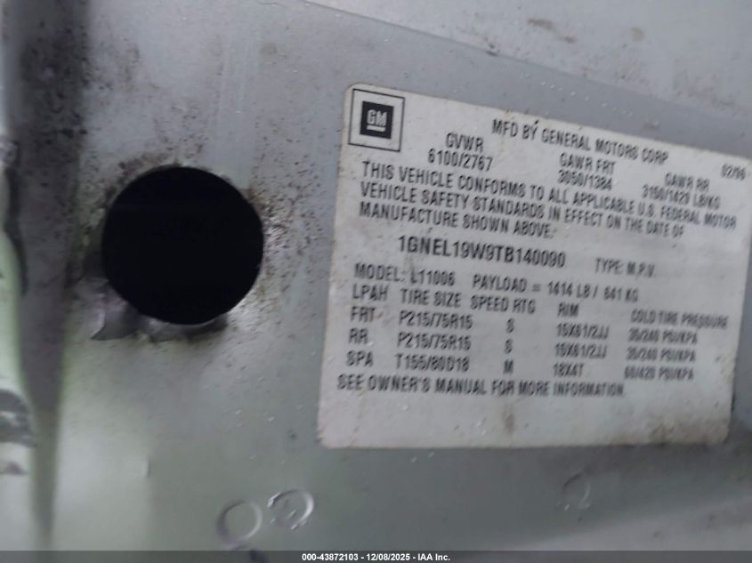 1996 Chevrolet Astro VIN: 1GNEL19W9TB140090 Lot: 43872103