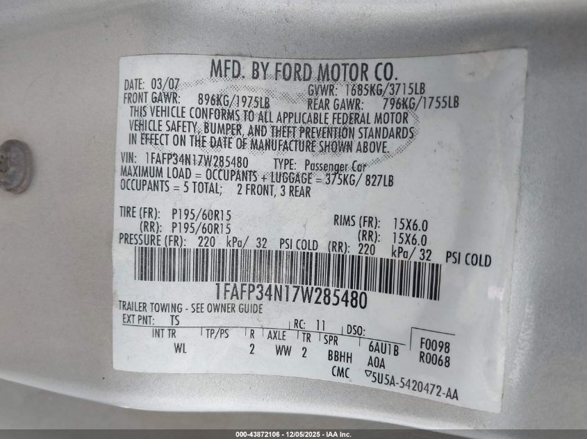 2007 Ford Focus S/Se/Ses VIN: 1FAFP34N17W285480 Lot: 43872106