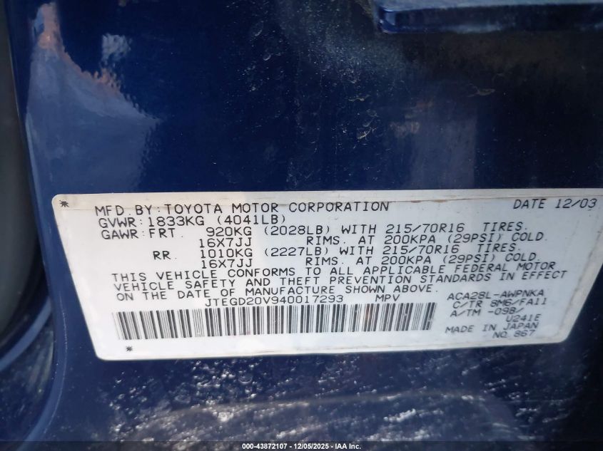2004 Toyota Rav4 VIN: JTEGD20V940017293 Lot: 43872107