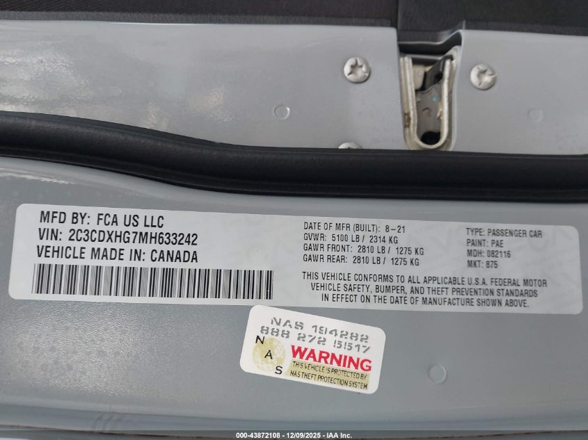 2021 Dodge Charger Gt Rwd VIN: 2C3CDXHG7MH633242 Lot: 43872108