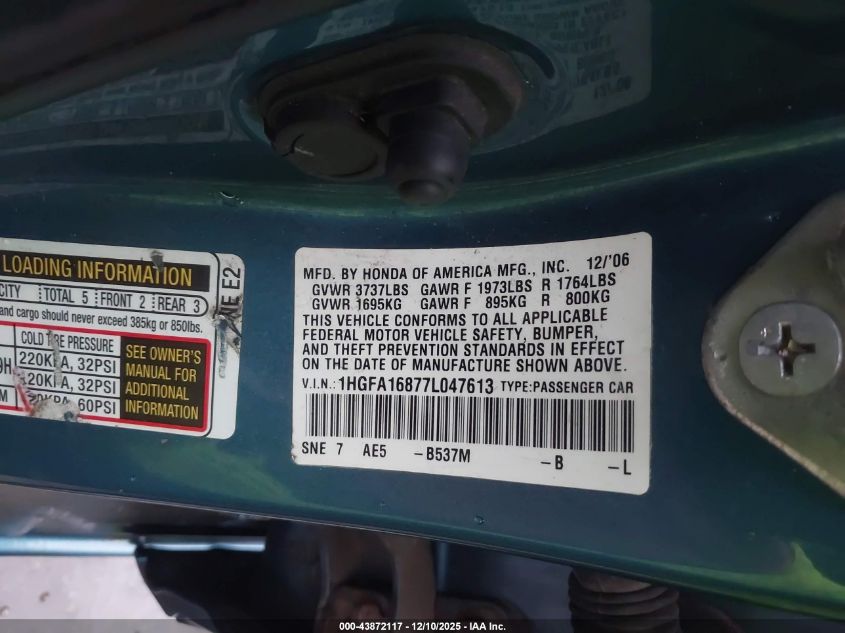 2007 Honda Civic Ex VIN: 1HGFA16877L047613 Lot: 43872117