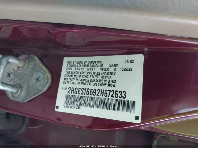 2002 Honda Civic Lx VIN: 2HGES16592H572533 Lot: 43872122