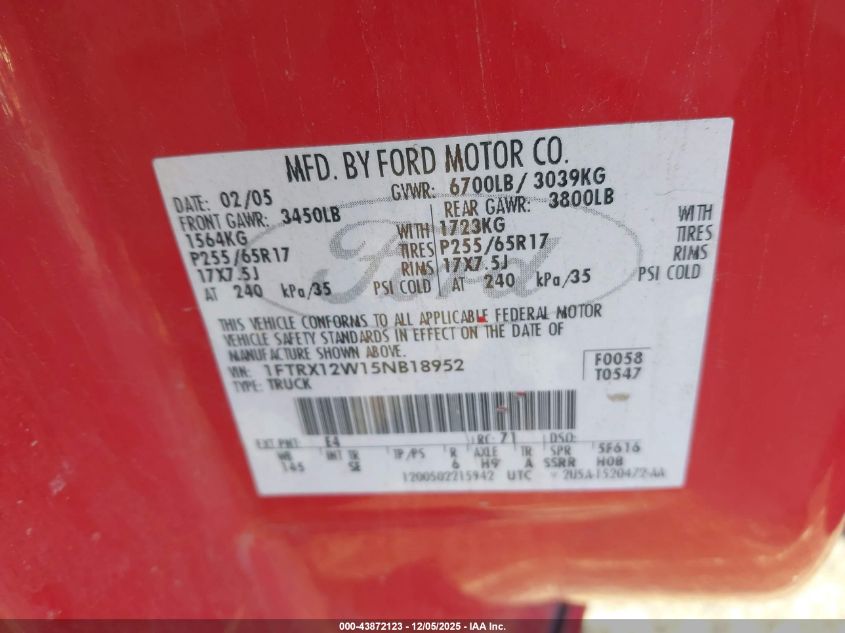 2005 Ford F-150 Stx/Xl/Xlt VIN: 1FTRX12W15NB18952 Lot: 43872123