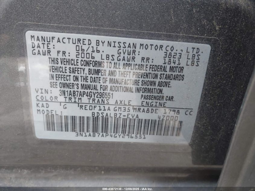 2016 Nissan Sentra S VIN: 3N1AB7AP4GY296551 Lot: 43872138