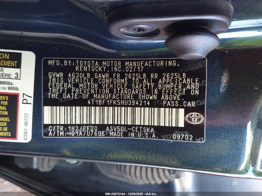 2017 Toyota Camry Se VIN: 4T1BF1FK5HU394214 Lot: 43872144