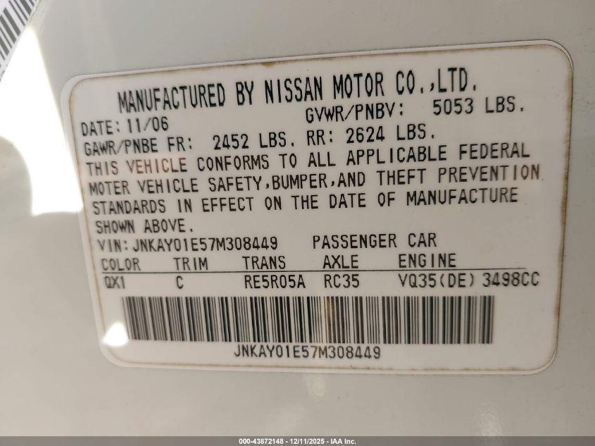 2007 Infiniti M35 VIN: JNKAY01E57M308449 Lot: 43872148