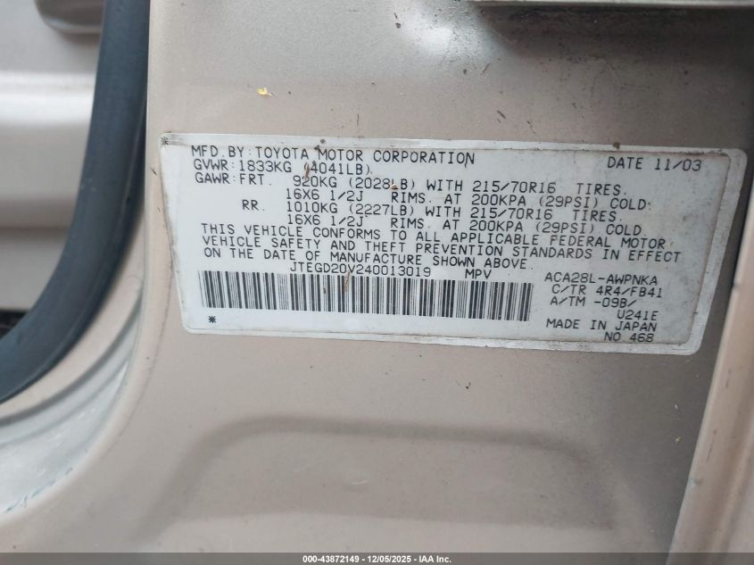 2004 Toyota Rav4 VIN: JTEGD20V240013019 Lot: 43872149