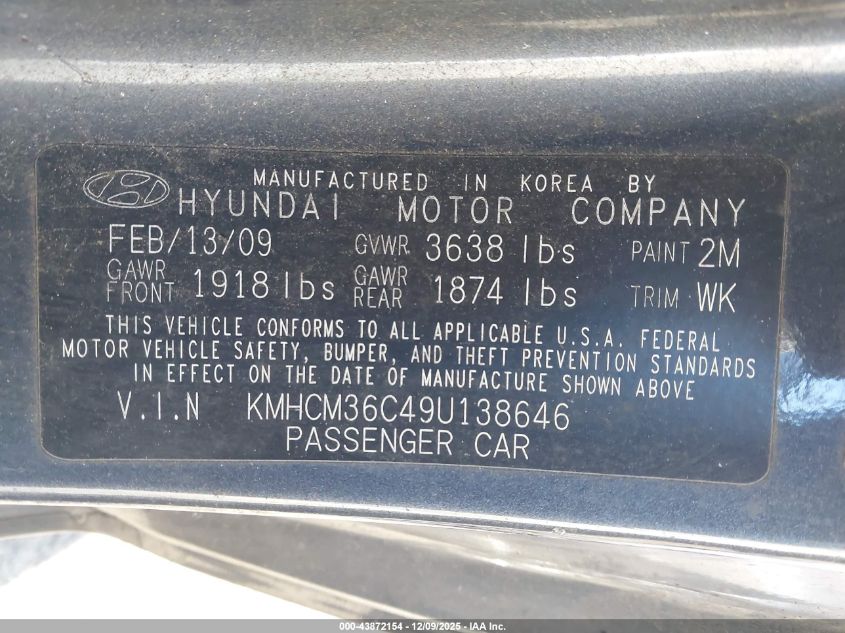 2009 Hyundai Accent Gs VIN: KMHCM36C49U138646 Lot: 43872154