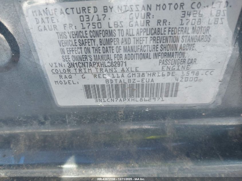 2017 Nissan Versa 1.6 Sv VIN: 3N1CN7APXHL862971 Lot: 43872158