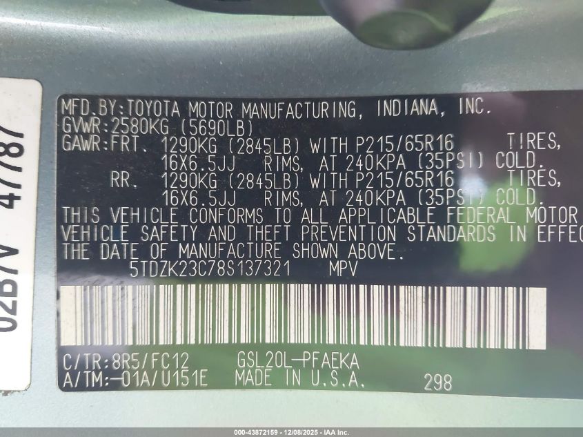 2008 Toyota Sienna Le VIN: 5TDZK23C78S137321 Lot: 43872159