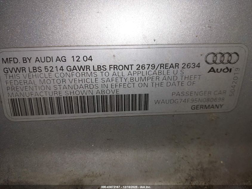 2005 Audi A6 3.2 VIN: WAUDG74F95N080698 Lot: 43872167