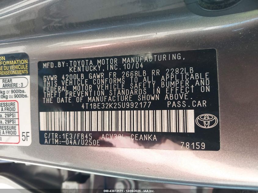 2005 Toyota Camry Le VIN: 4T1BE32K25U992177 Lot: 43872171