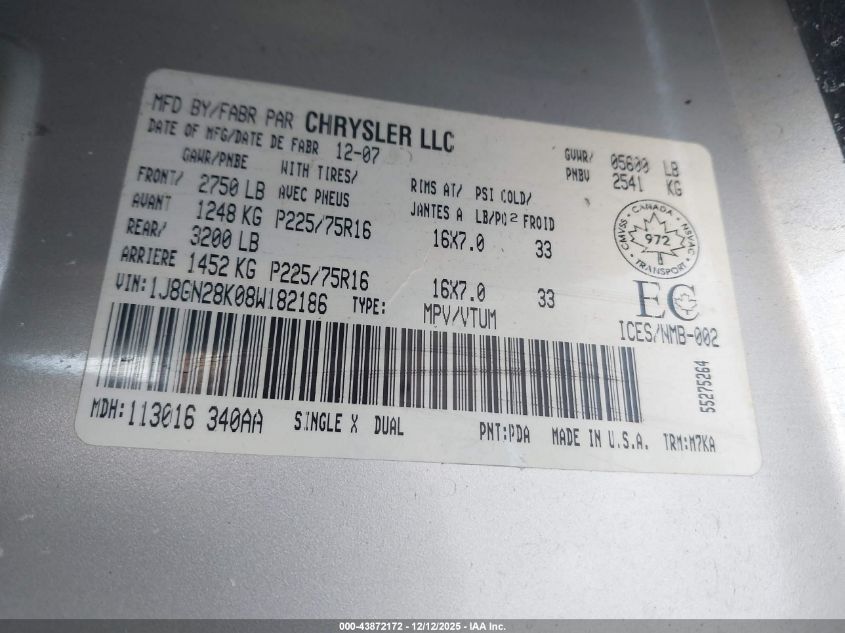 2008 Jeep Liberty Sport VIN: 1J8GN28K08W182186 Lot: 43872172