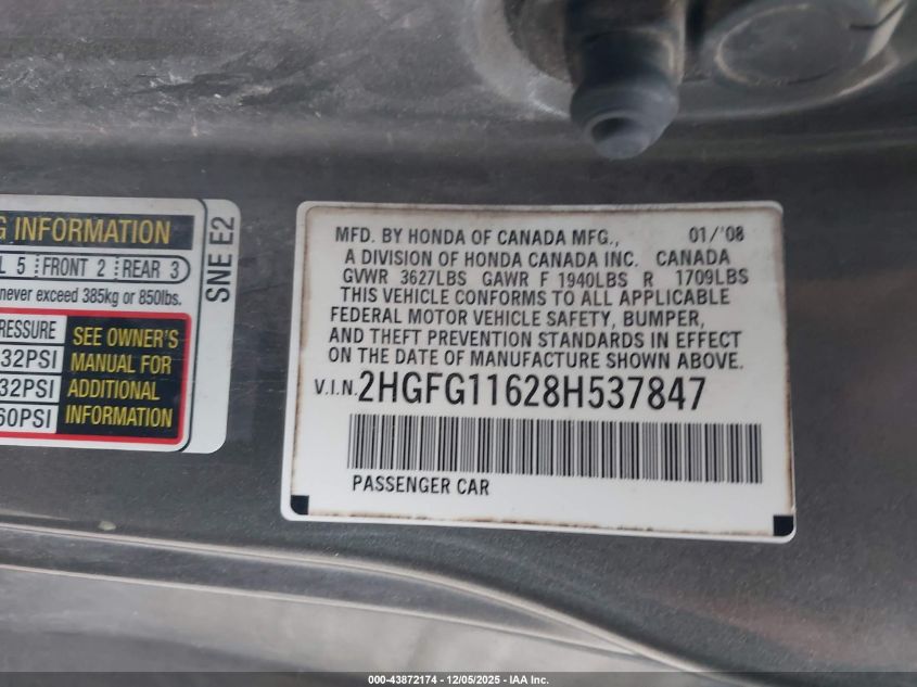 2008 Honda Civic Lx VIN: 2HGFG11628H537847 Lot: 43872174