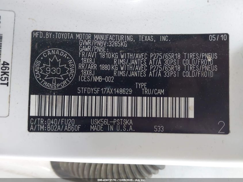 2010 Toyota Tundra Sr5 5.7L V8 VIN: 5TFDY5F17AX148629 Lot: 43872176