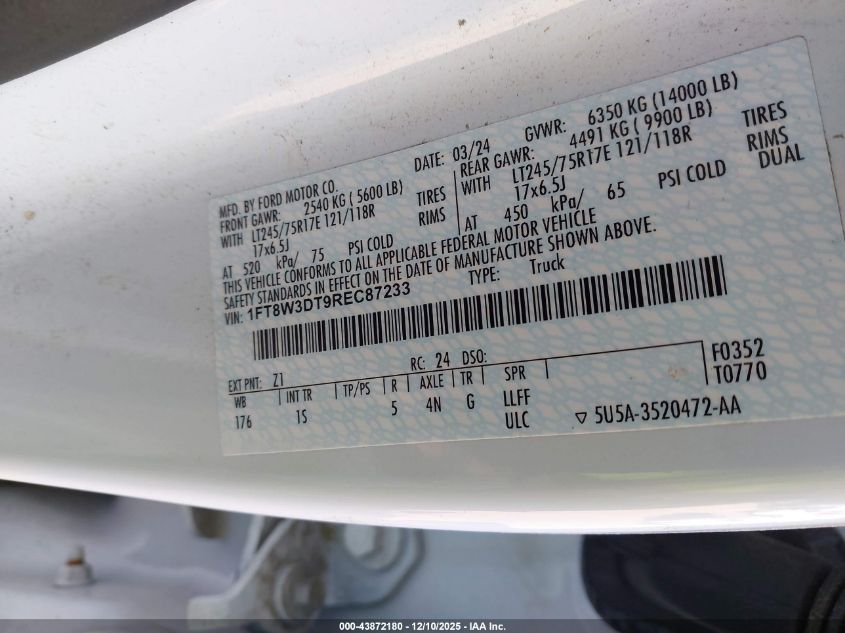 2024 Ford F-350 Xl VIN: 1FT8W3DT9REC87233 Lot: 43872180