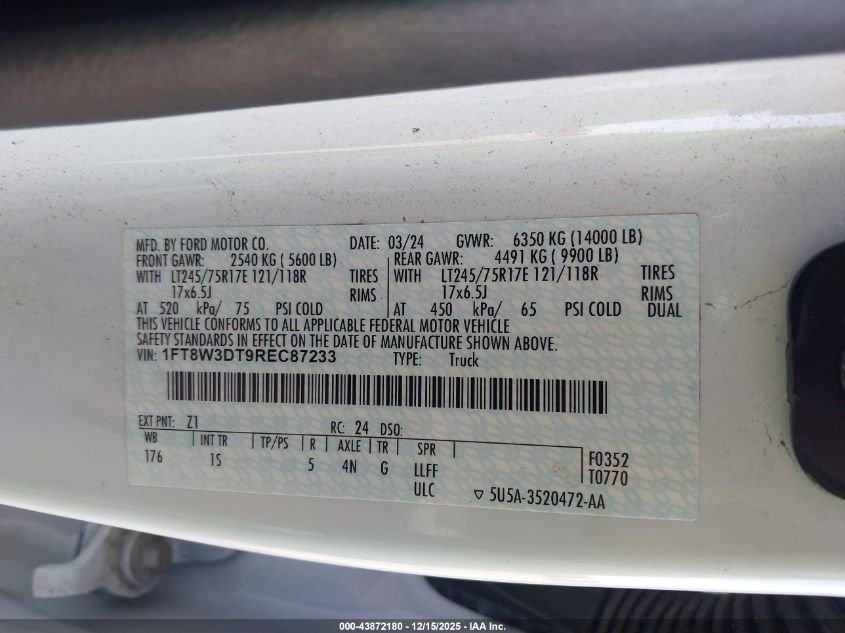 2024 Ford F350 VIN: 1FT8W3DT9REC87233 Lot: 43872180