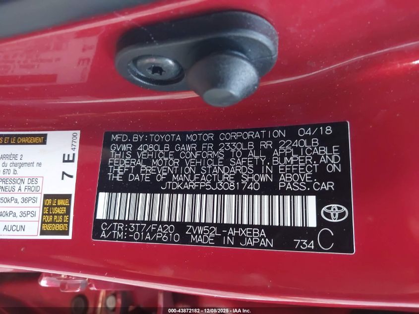 2018 Toyota Prius Prime Plus VIN: JTDKARFP5J3081740 Lot: 43872182