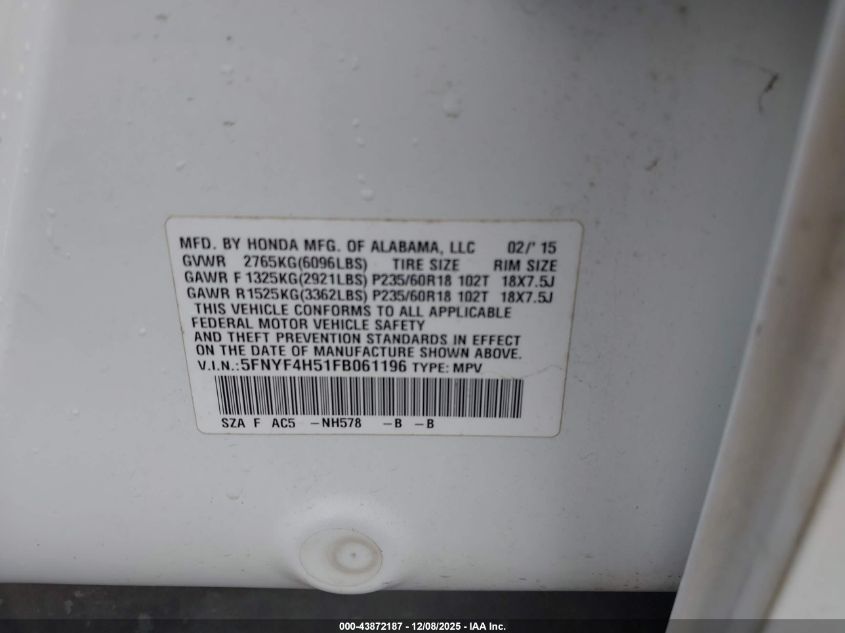 2015 Honda Pilot Ex-L VIN: 5FNYF4H51FB061196 Lot: 43872187