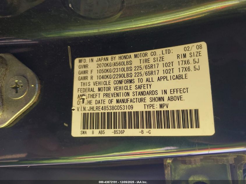 2008 Honda Cr-V Ex VIN: JHLRE48538C053109 Lot: 43872191