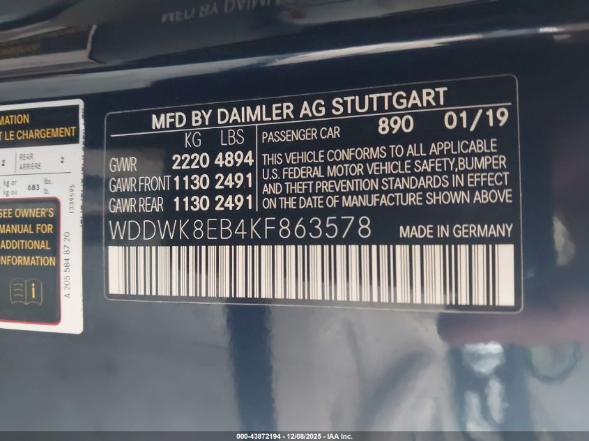 2019 Mercedes-Benz C 300 4Matic VIN: WDDWK8EB4KF863578 Lot: 43872194