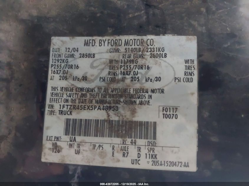 2005 Ford Ranger Edge/Fx4 Level Ii/Fx4 Off-Road/Xlt VIN: 1FTZR45EX5PA48953 Lot: 43872205