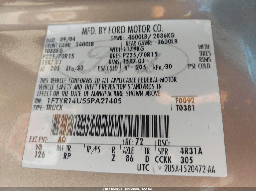 2005 Ford Ranger Edge/Stx/Xl/Xlt VIN: 1FTYR14U55PA21405 Lot: 43872204