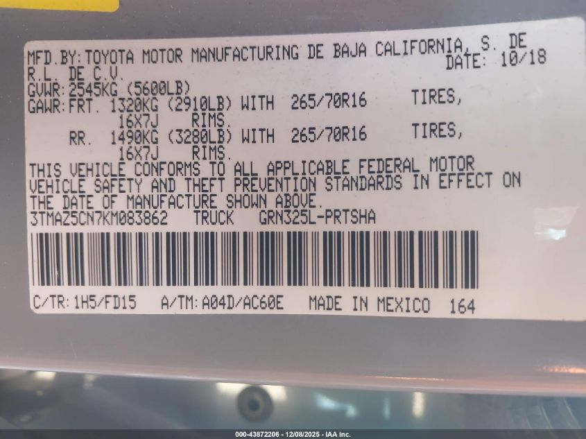 2019 Toyota Tacoma Trd Off Road VIN: 3TMAZ5CN7KM083862 Lot: 43872206