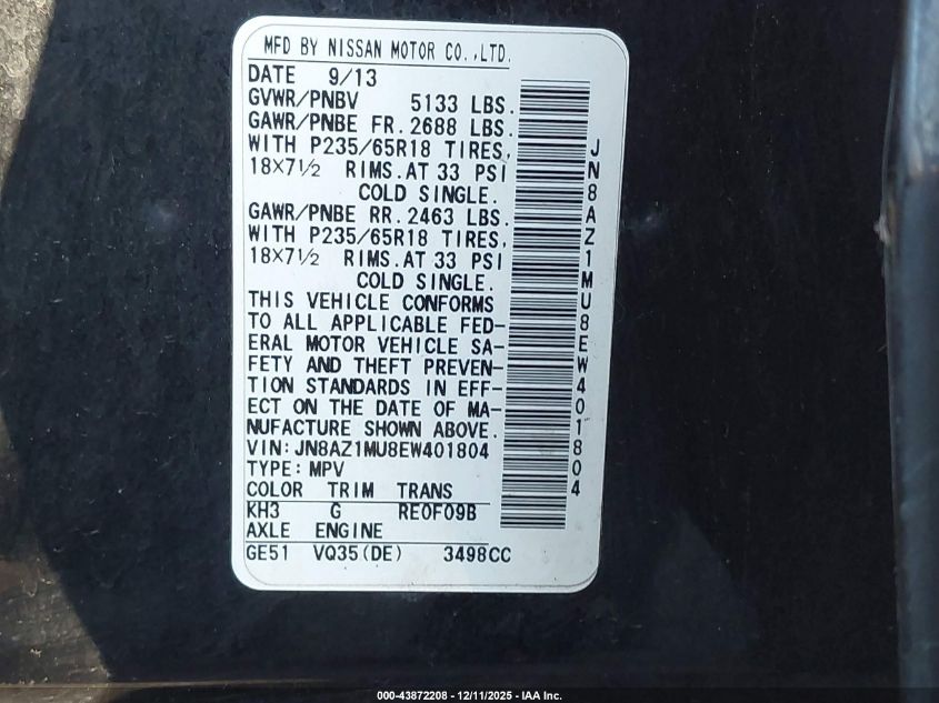 2014 Nissan Murano S VIN: JN8AZ1MU8EW401804 Lot: 43872208